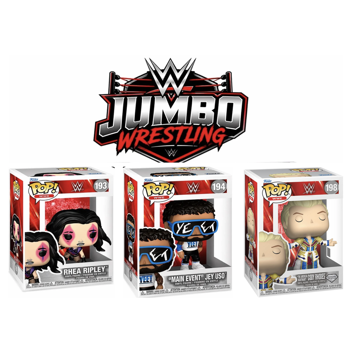 WWE Funko Pop 3-Pack – Rhea Ripley, Jey Uso & Cody Rhodes